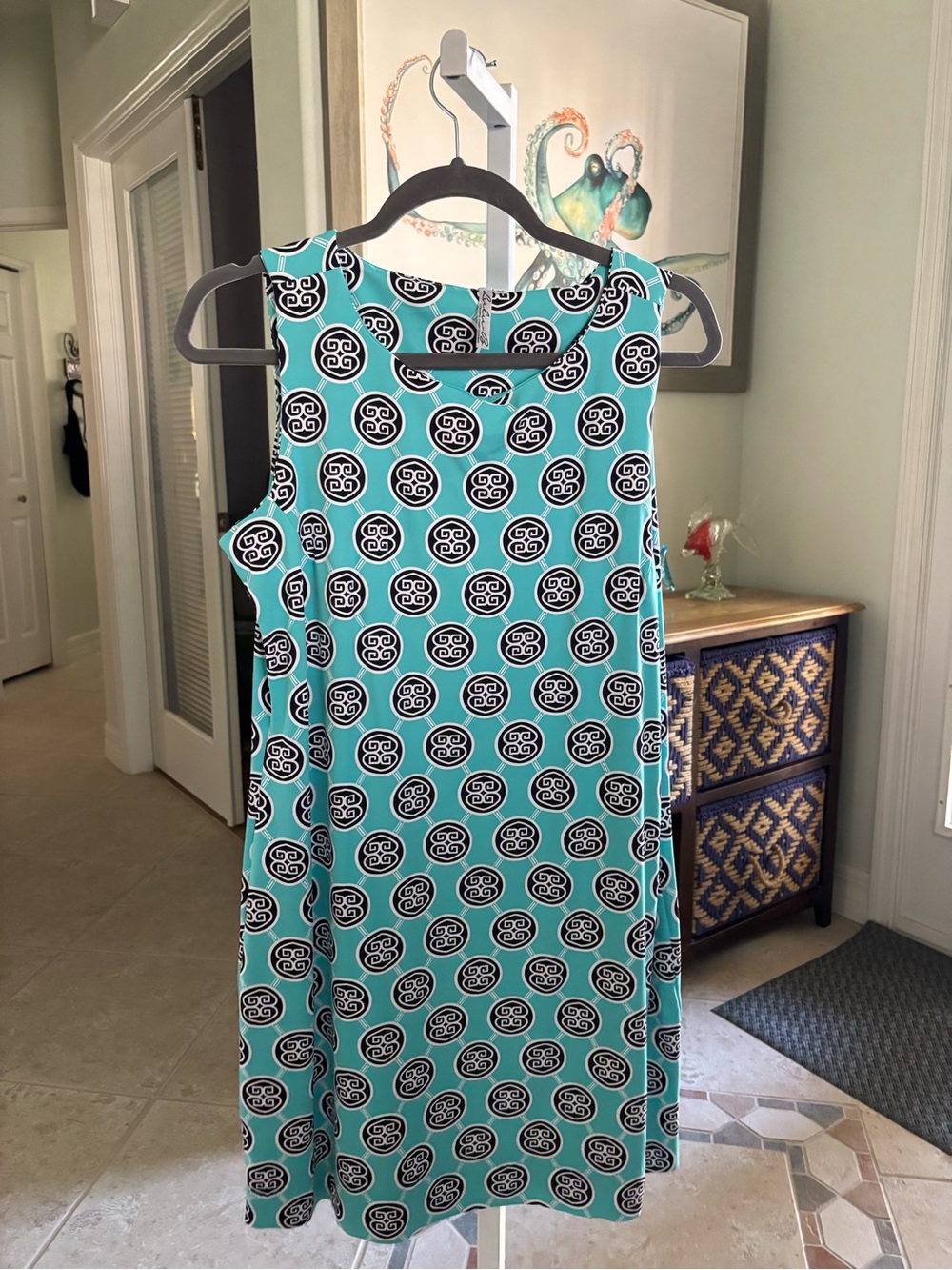 #059 Lulu-B Turquoise and Black Circular-Print Sleeveless Shift Dress